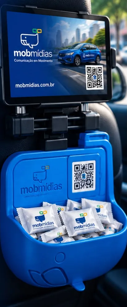 Mob Dispenser azul com balinhas e QR Code, preso no encosto do banco de um carro de aplicativo, com uma tela da MobMídias acima